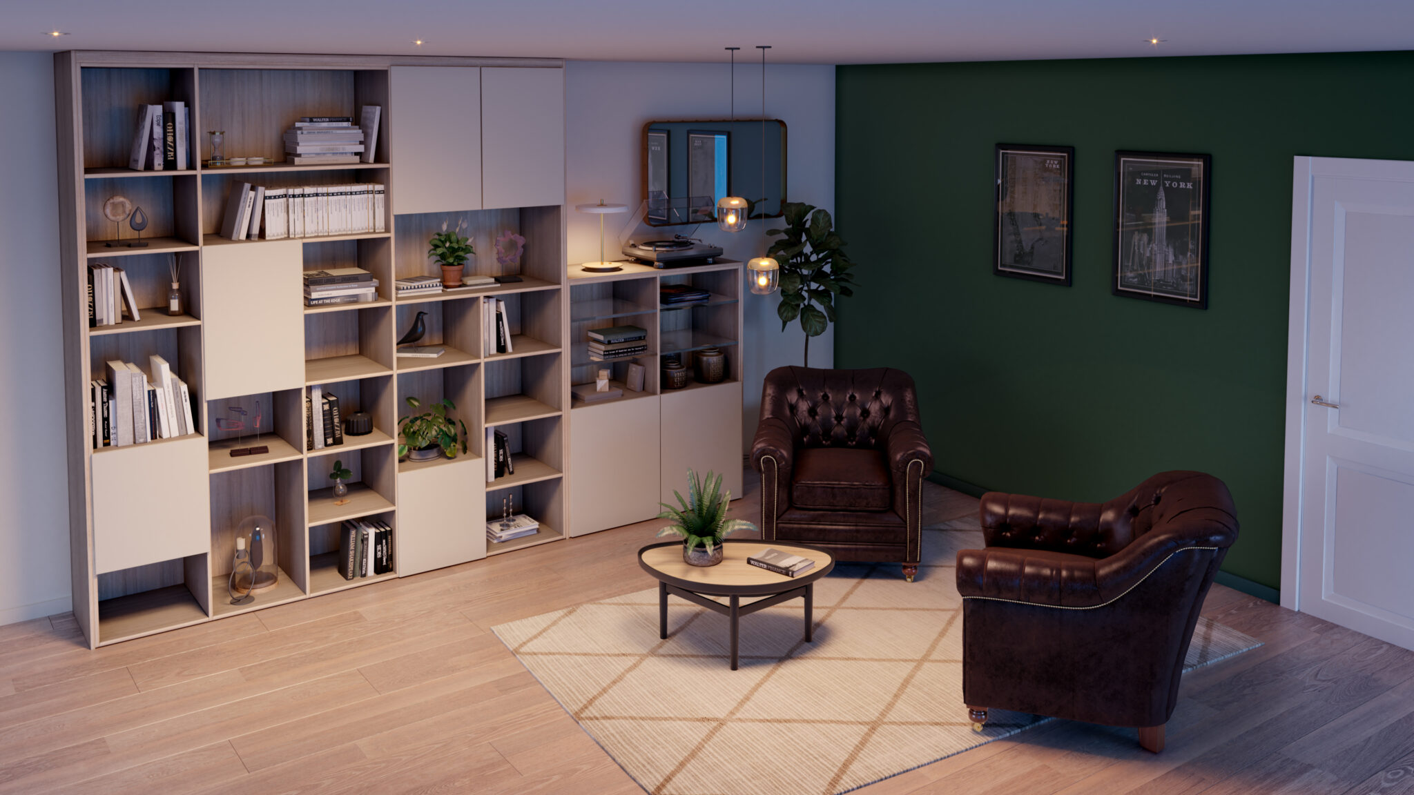 Bibliothèque en bois clair avec livres et décorations, fauteuils en cuir brun, table basse avec plante sur tapis beige, mur vert.