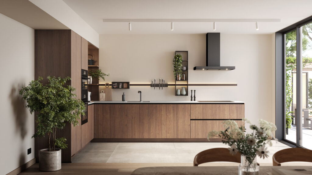 Cuisine moderne avec meubles en bois sombre, plan de travail noir, plantes décoratives, et grande baie vitrée laissant entrer la lumière naturelle.