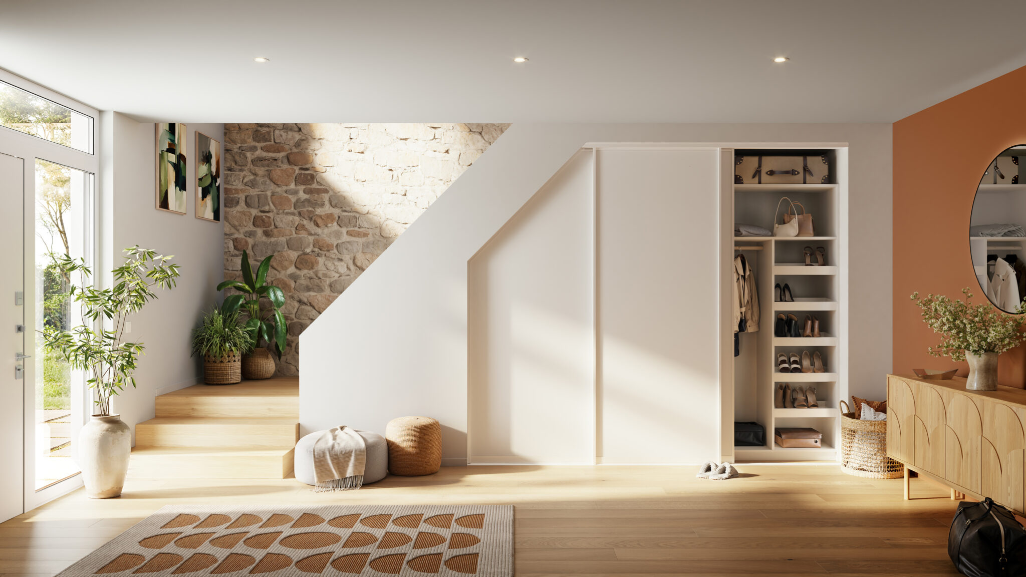 Entrée lumineuse avec mur en pierre, plantes en pot, tapis géométrique et placard ouvert avec étagères à chaussures.