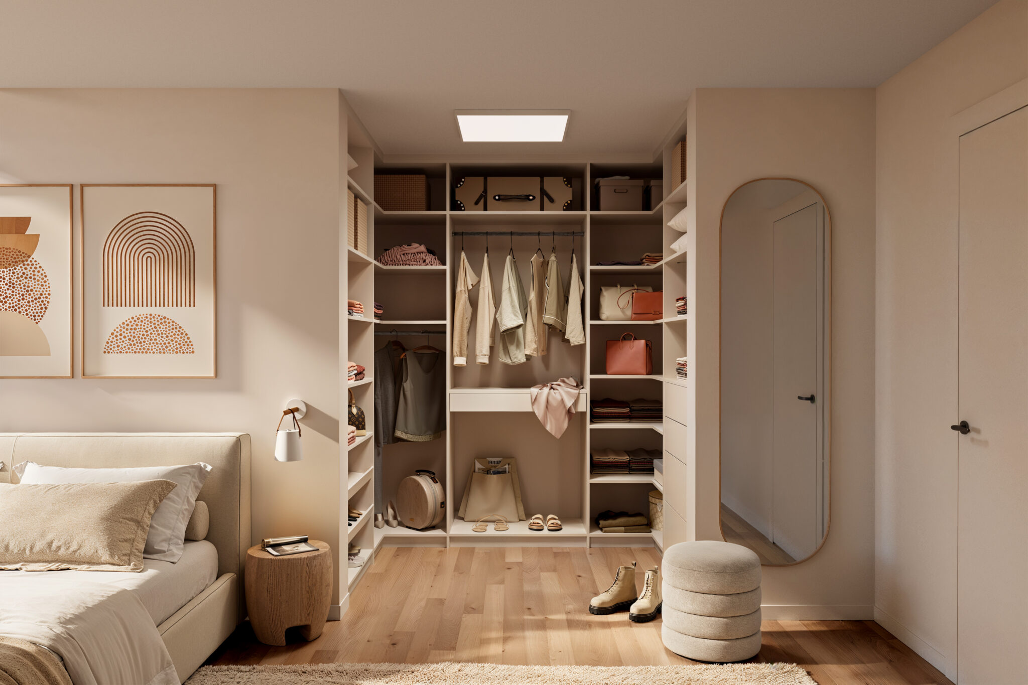 Un dressing beige avec des vêtements suspendus, des étagères remplies de paniers et de sacs, à côté d'un lit et d'une table de chevet.