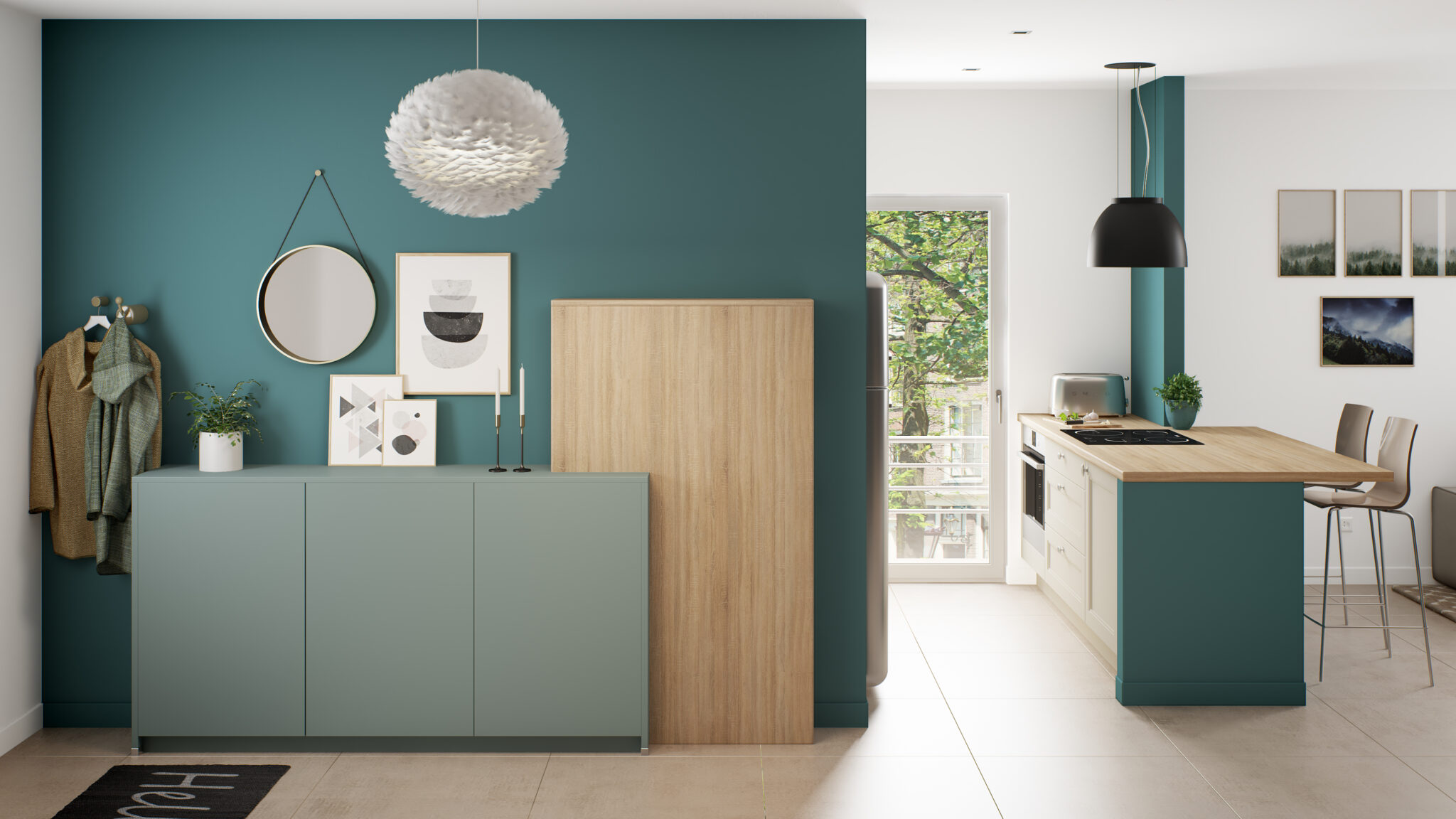 Un intérieur moderne avec un mur bleu, buffet vert, miroir rond, et une cuisine ouverte avec îlot en bois clair.