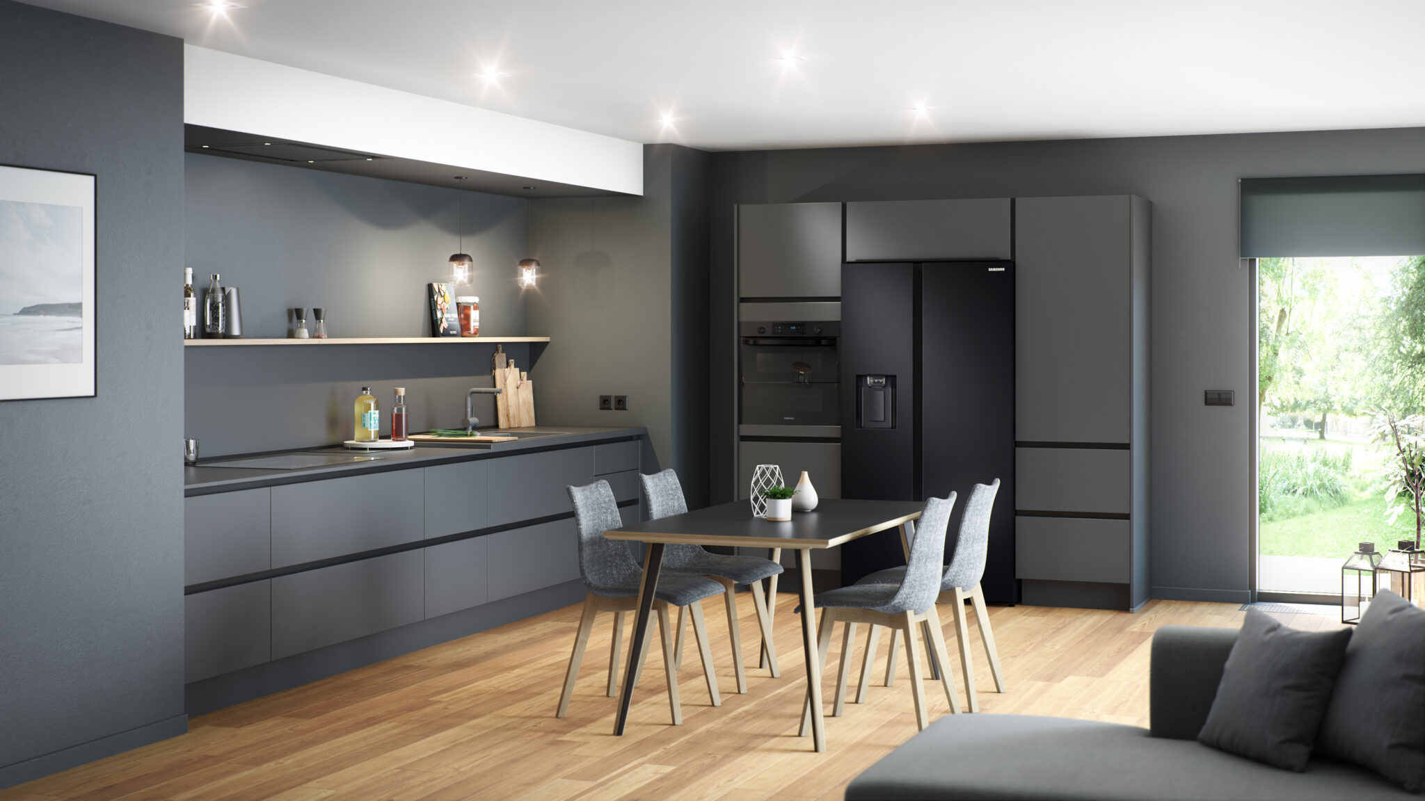 Cuisine noire moderne avec luminaire plafonnier