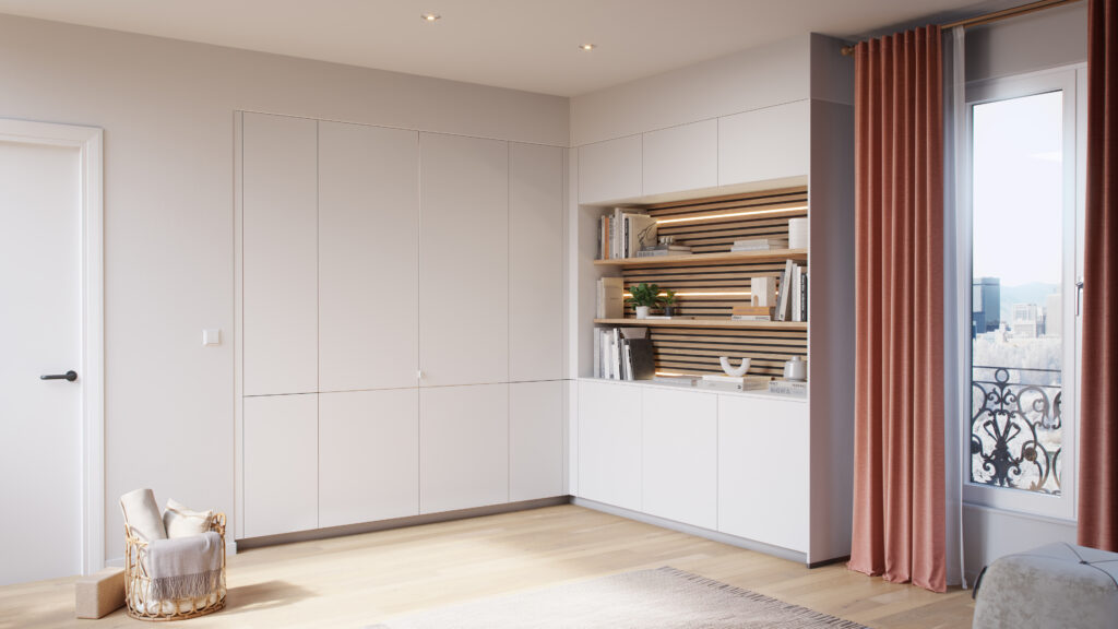 Placard blanc avec étagères en bois, livres, plante verte et objets décoratifs, près d'une fenêtre avec rideaux roses.